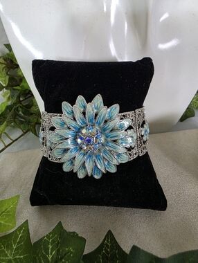 Blue Enamel Floral Stretch Bracelet Silver Filigree Crystal Statement Boho